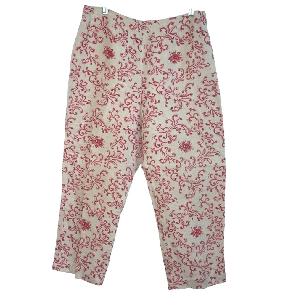 Talbots 100 % Irish Linen Capri Pants Beige Red Floral Print Casual Resort SZ 12